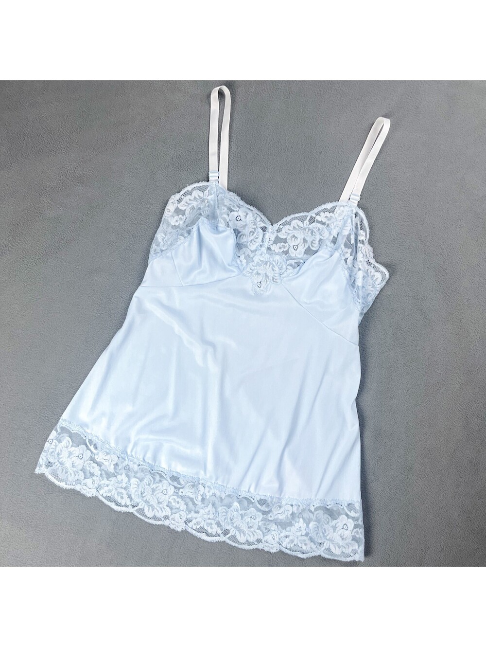 Vintage Blue Silky Nylon Camisole Tank Top with Lace Trim